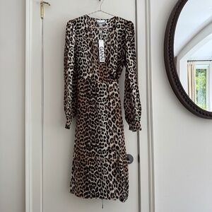 NWT Ganni Silk Leopard Print Wrap Dress Size 38